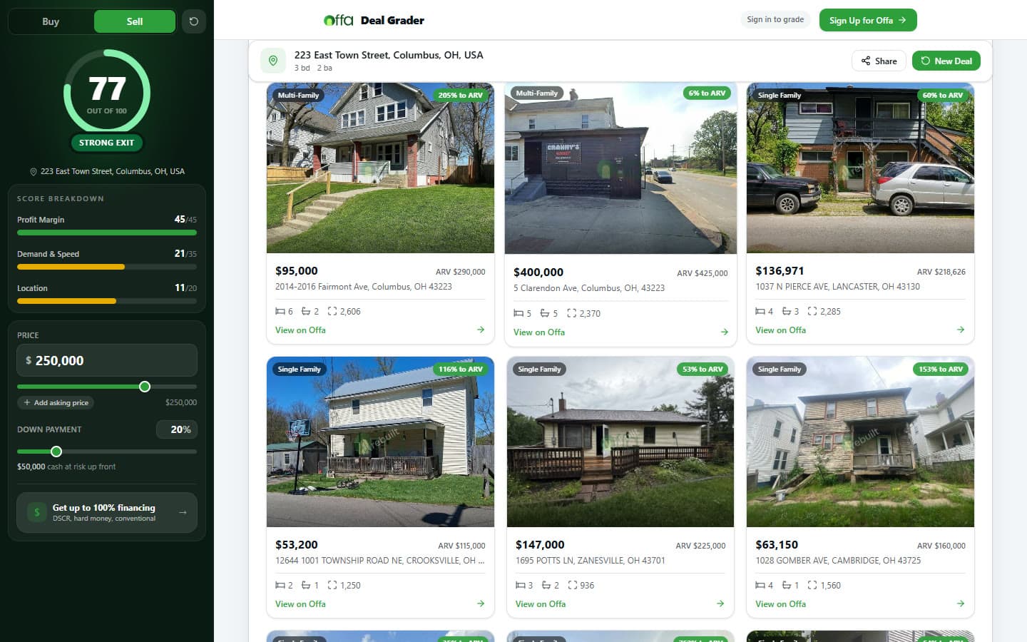 A grid of nearby off-market property listings with photos, prices and after-repair values