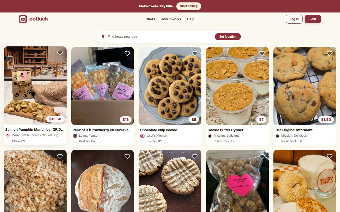 The Potluck home feed: a grid of homemade baked goods with prices and seller names