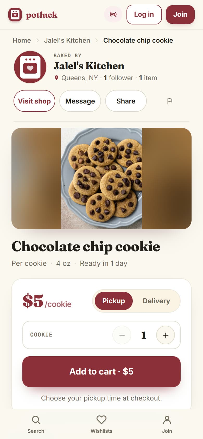 A product page on a phone: a chocolate chip cookie at five dollars, with pickup or delivery and an Add to cart button