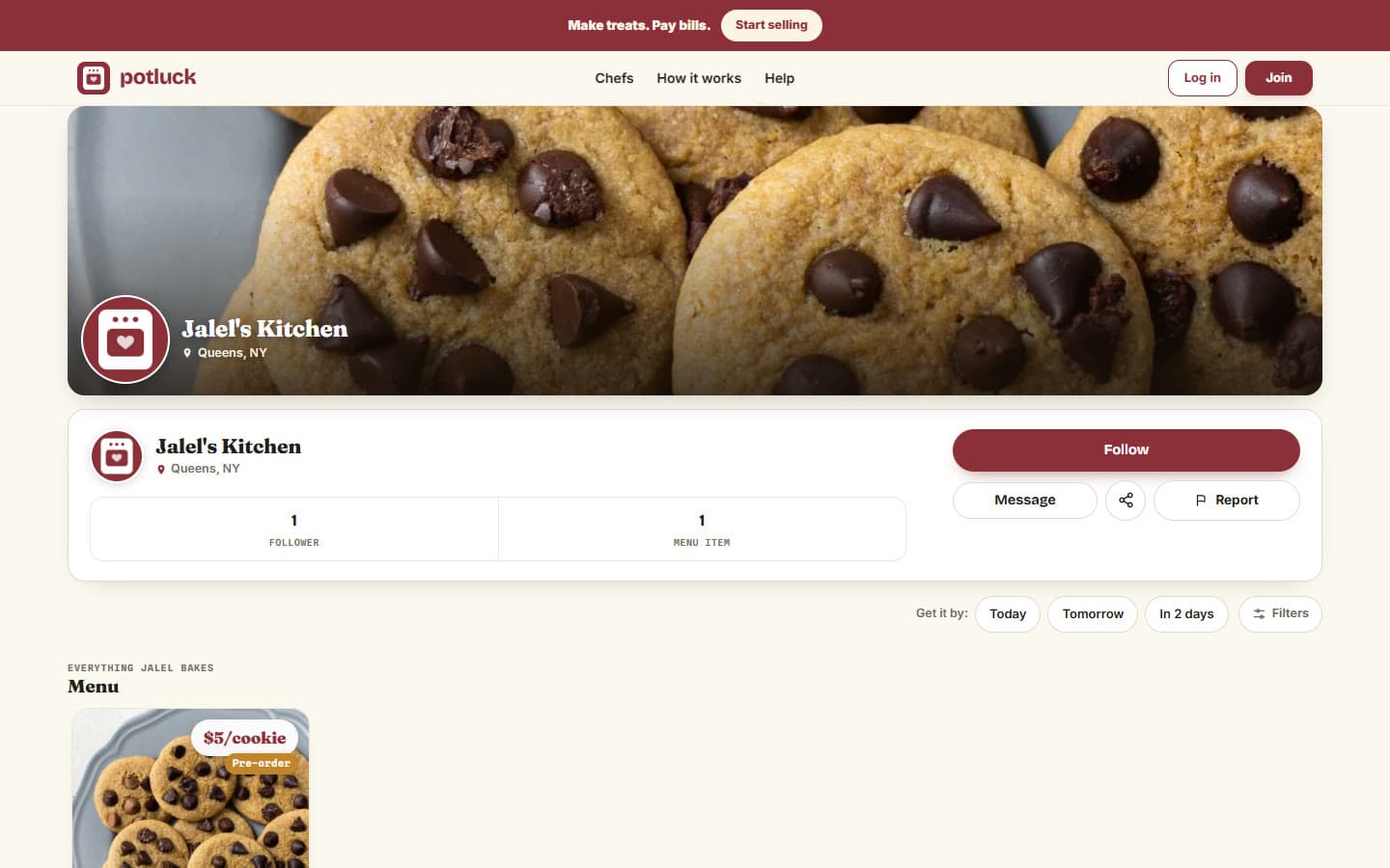 A kitchen page on Potluck with Follow and Message buttons and a menu