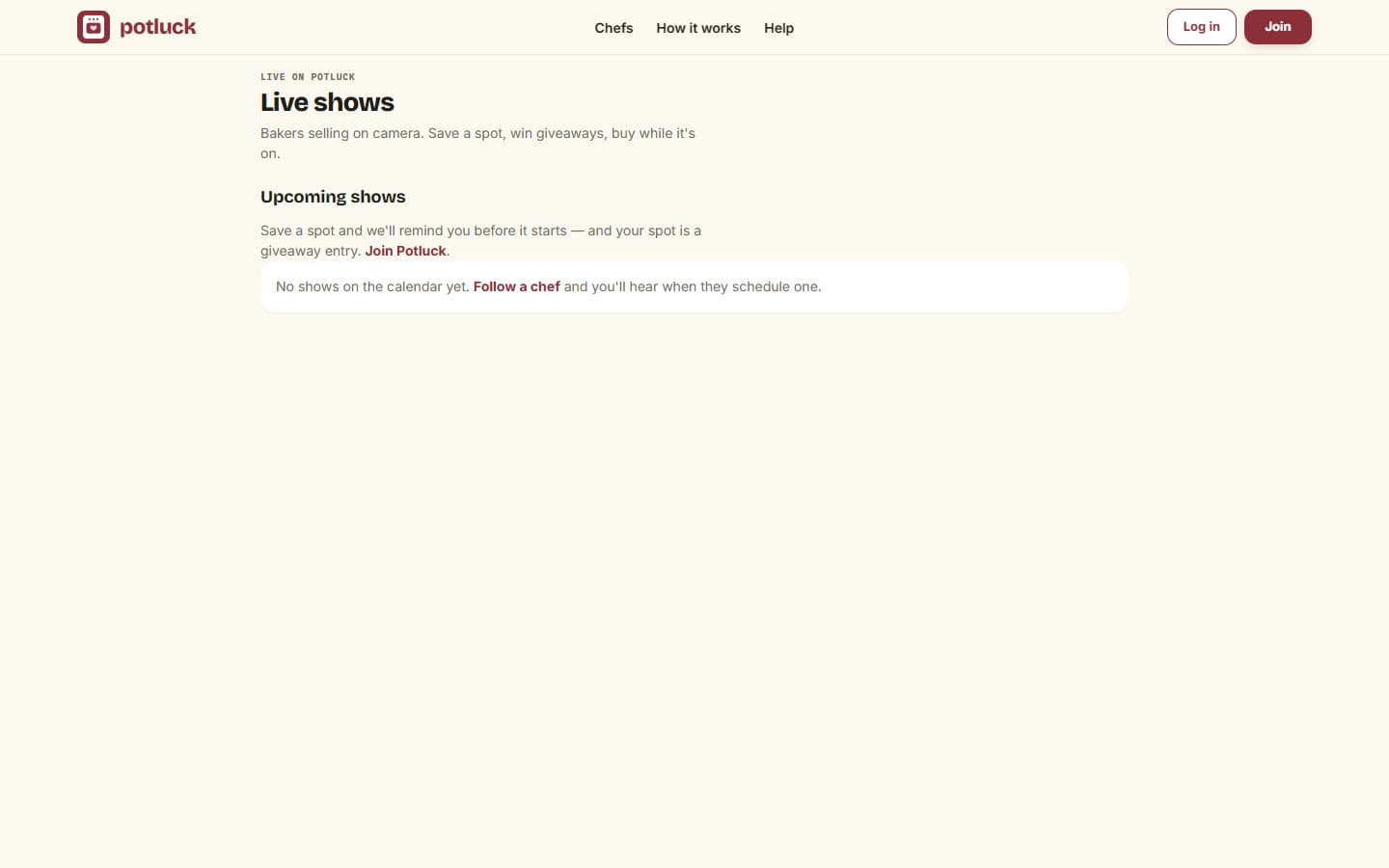 The Live shows page on Potluck, listing upcoming shows